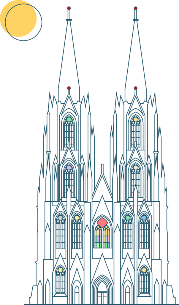 Logo for the FEBS-IUBMB-ENABLE 2023 event, showing a line illustration of the Cologne Cathedral