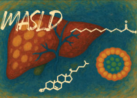 Composite image showing a liver, molecules, and the label MASLD.