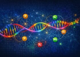 AI generated image of colorful DNA strand with balls and marks around it signifying epigenetic modifications